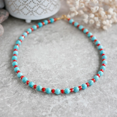 Naszyjnik z turkusów i korali w srebrze pozłacanym