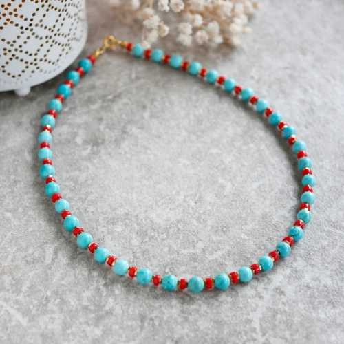 Naszyjnik z turkusów i korali w srebrze pozłacanym