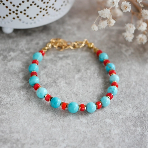 Bransoletka z turkusów, czerwonego korala i hematytu w srebrze pozłacanym