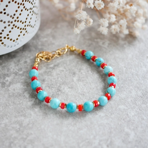 Bransoletka z turkusów, czerwonego korala i hematytu w srebrze pozłacanym