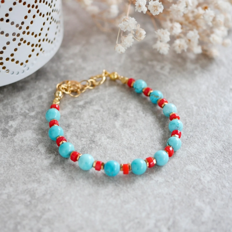 Bransoletka z turkusów, czerwonego korala i hematytu w srebrze pozłacanym