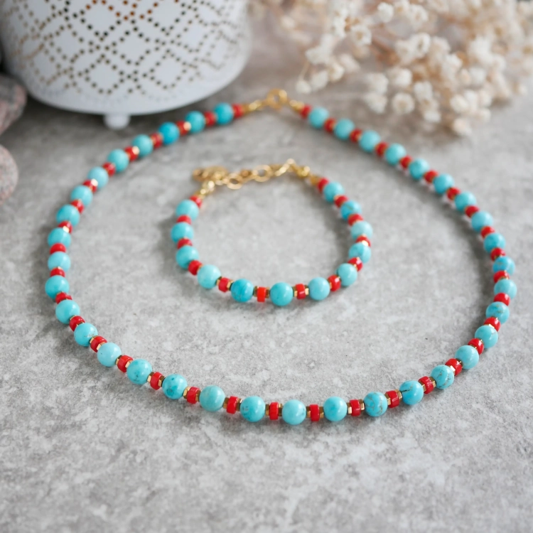 Komplet z turkusów, czerwonego korala i hematytu w srebrze pozłacanym