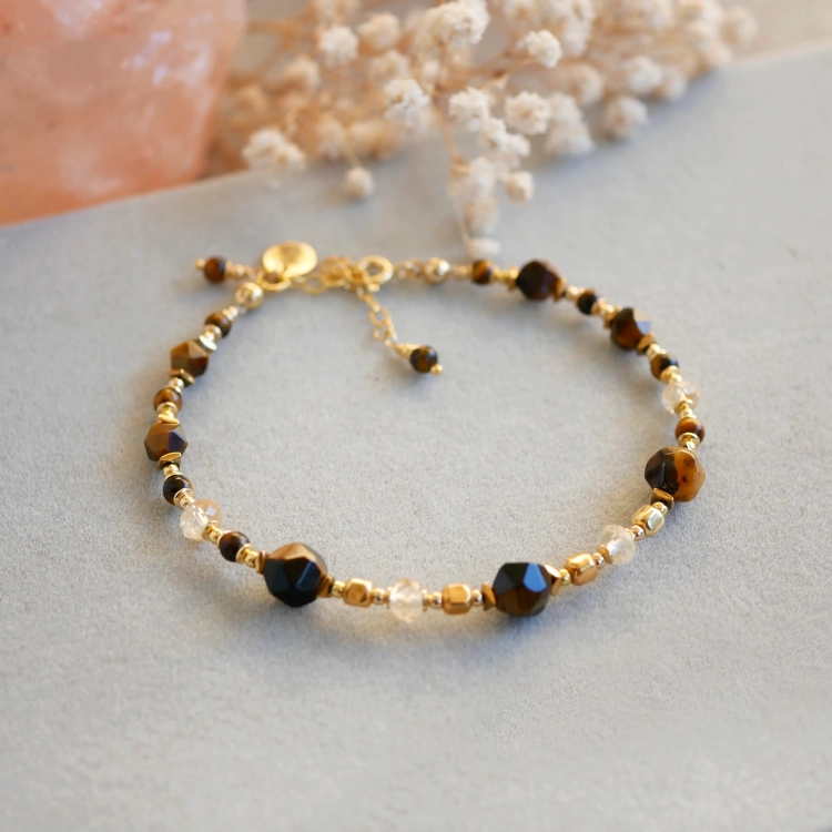 Bransoletka z tygrysiego oka i cytrynów w srebrze pozłacanym