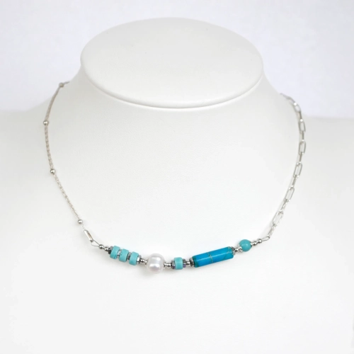 Naszyjnik z jaspisów, turkusów i pereł Laguna Blue w srebrze