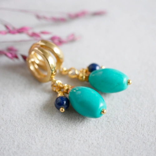 Kolczyki Blue Balance – turkus, lapis lazuli i srebro pozłacane - kajdanki