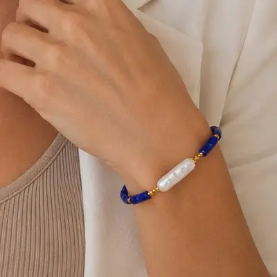Bransoletka z Jaspisów Royal Blue, perła w srebrze