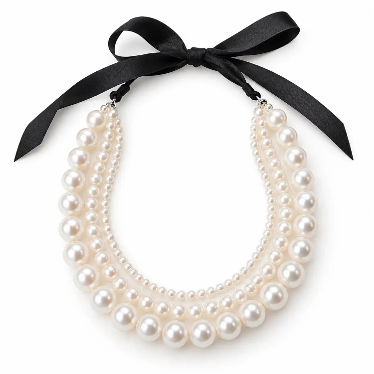 Trzy rzędowy naszyjnik z białych pereł seashell z czarną tasiemką Pearl Couture