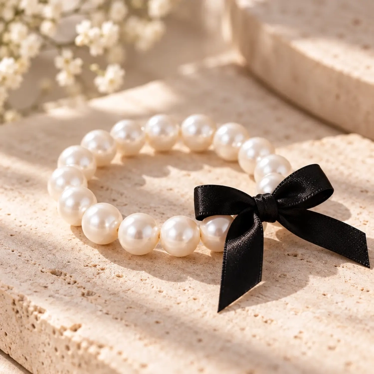 Bransoletka z białych pereł seashell Magnetic White Pearl na gumce z kokardką